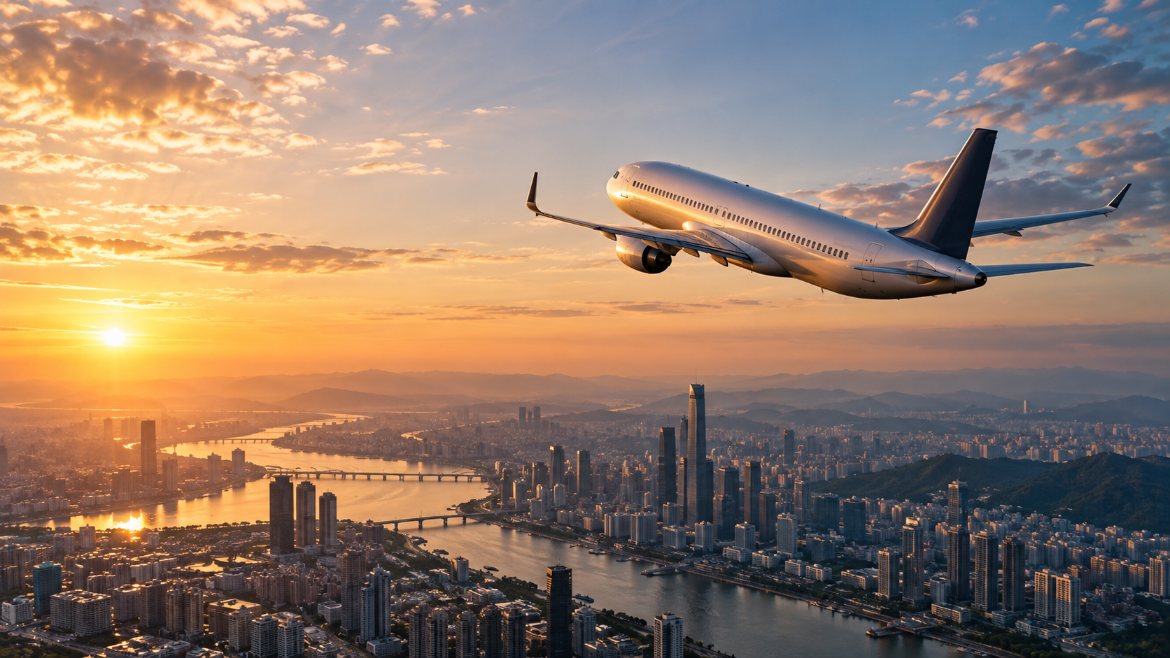Aeroplan pasagjerësh mbi një qytet bregdetar në orën e artë të perëndimit